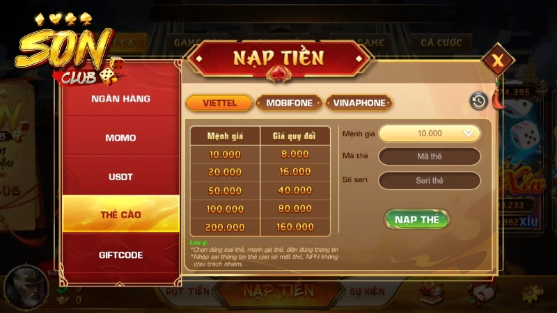 Hình thức nạp tiền SonClub bằng thẻ cào điện thoại tiện lợi